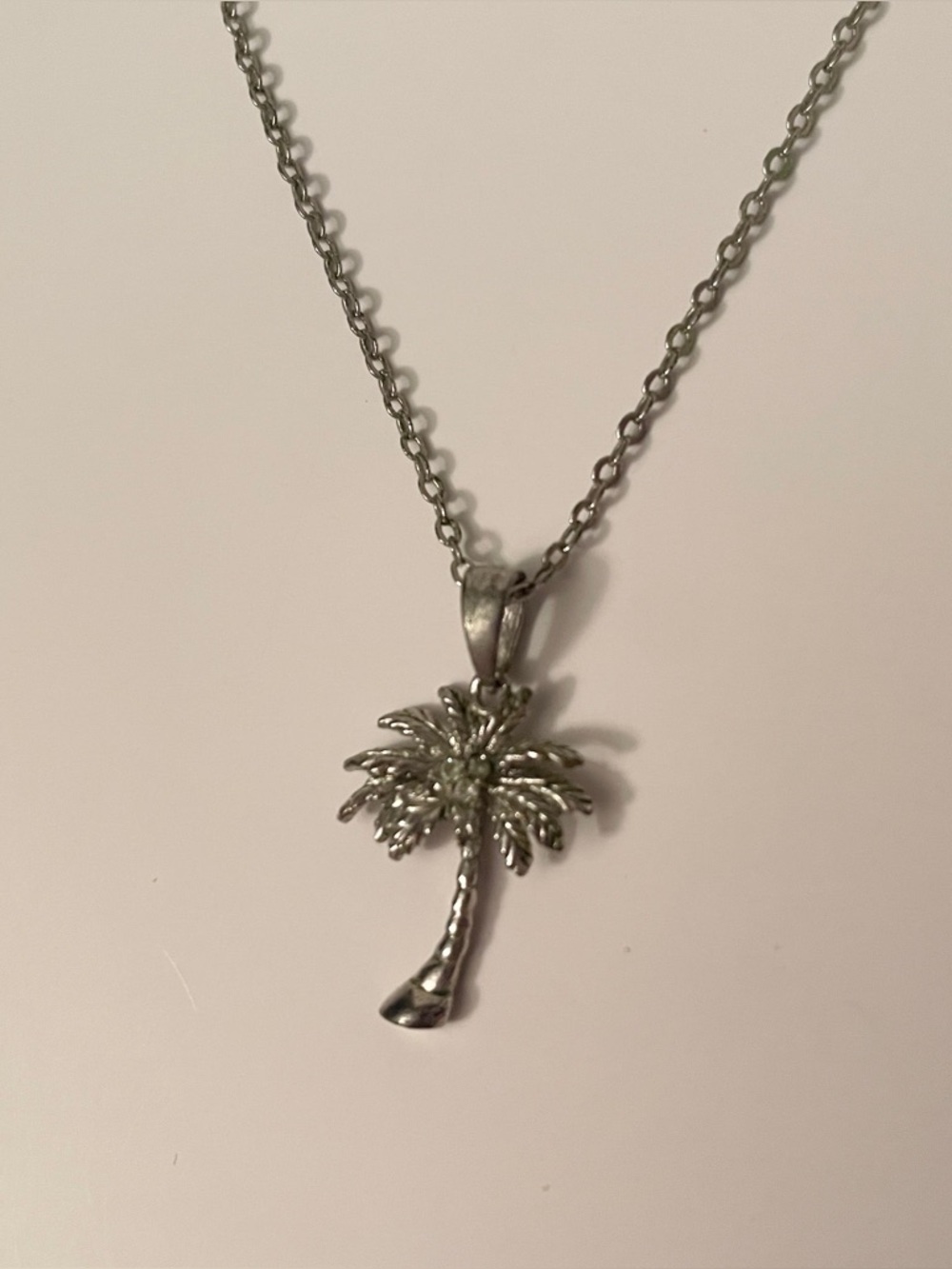 Vintage Silver Tone Palm Tree Necklace Tropical Beach Aesthetic